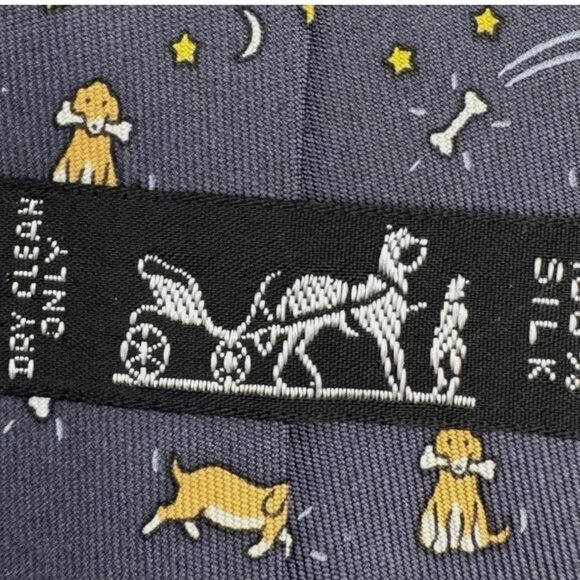 100% REAL HERMES TIE ~ DARKER BLUE w/ FUN BROWN DOG HOUSE STARS MOONS BONES XL - Picture 6 of 6